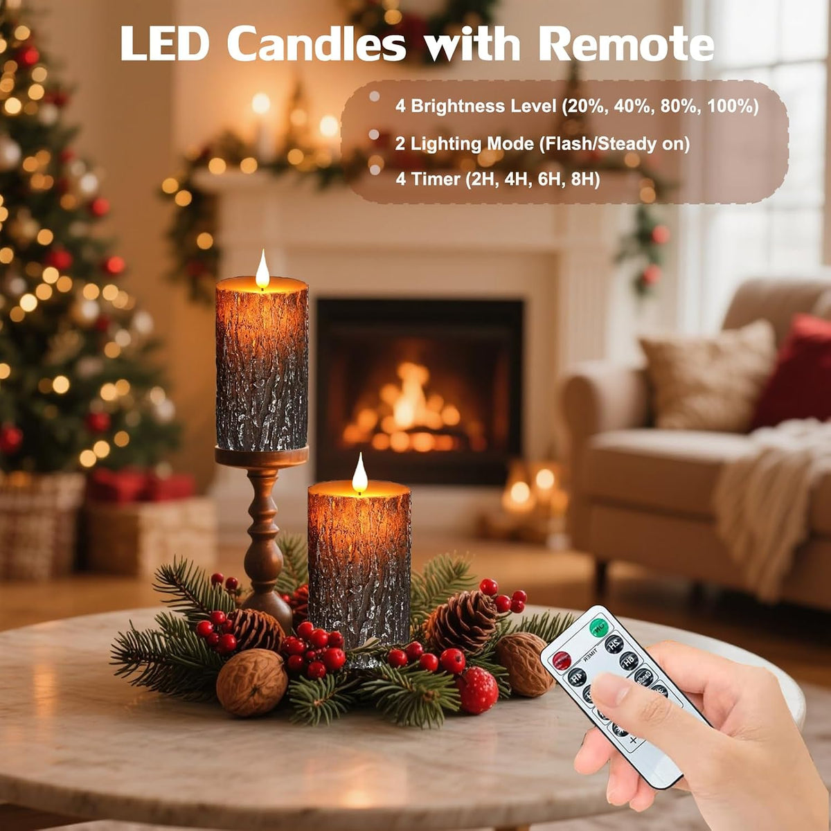 Pine Bark Flameless Candles Set of 2, Christmas Candles with Remote & Timer | 6"X3" Flickering Real Wax Pillar Candles Battery Operated, Electric LED Candles Light for Rustic Home Christmas Decor