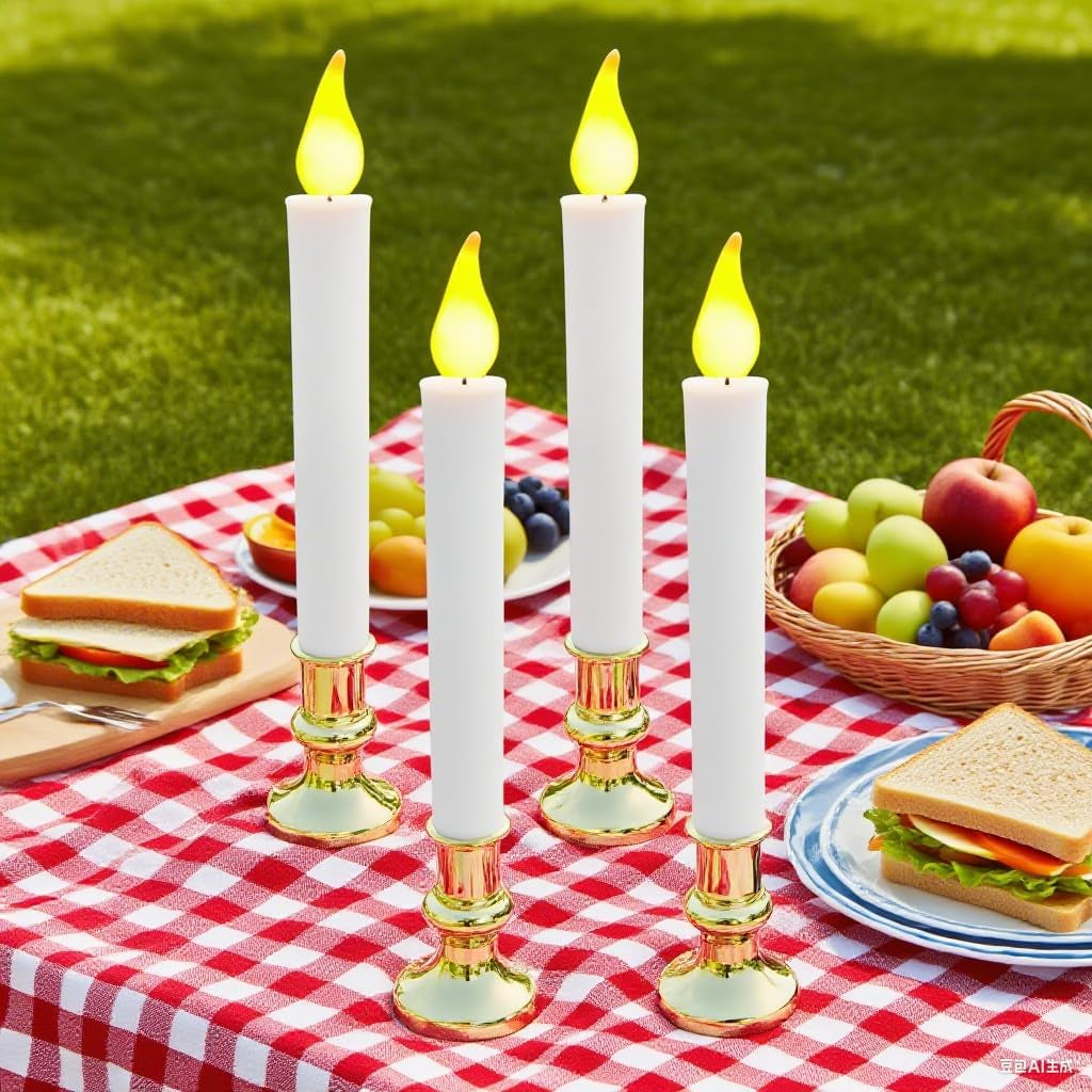 6 Pack 9" Gold Base LED Candle Lights with Dusk to Dawn Sensor, Battery Powered Flameless Candles for Indoor Table Party Decor