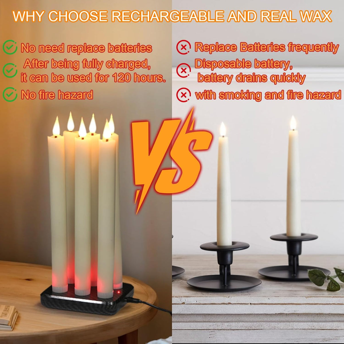 Rechargeable Flameless Taper Candles Charging Base & 2 Remote Ivory | LED Candles Battery Operated, Real Wax Rechargeable Candlesticks, Christmas Wedding Party Home Decor, 6 Pack, 0.78 X 9.8 In