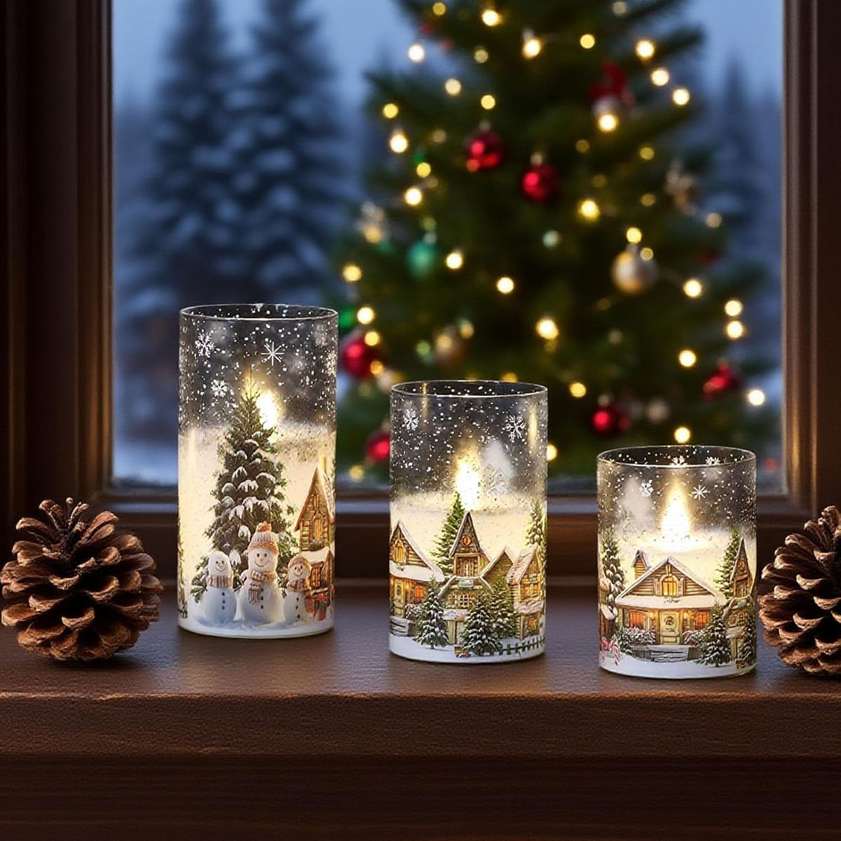 Snowman House Glass Flameless Candle Battery Operated Remote Timer | LED Flickering Pillar Long Lasting, Real Wax Cold White Light, Dinner Window Christmas Holiday Decor, 3"Dx 4",5",6"H, 3 Pack