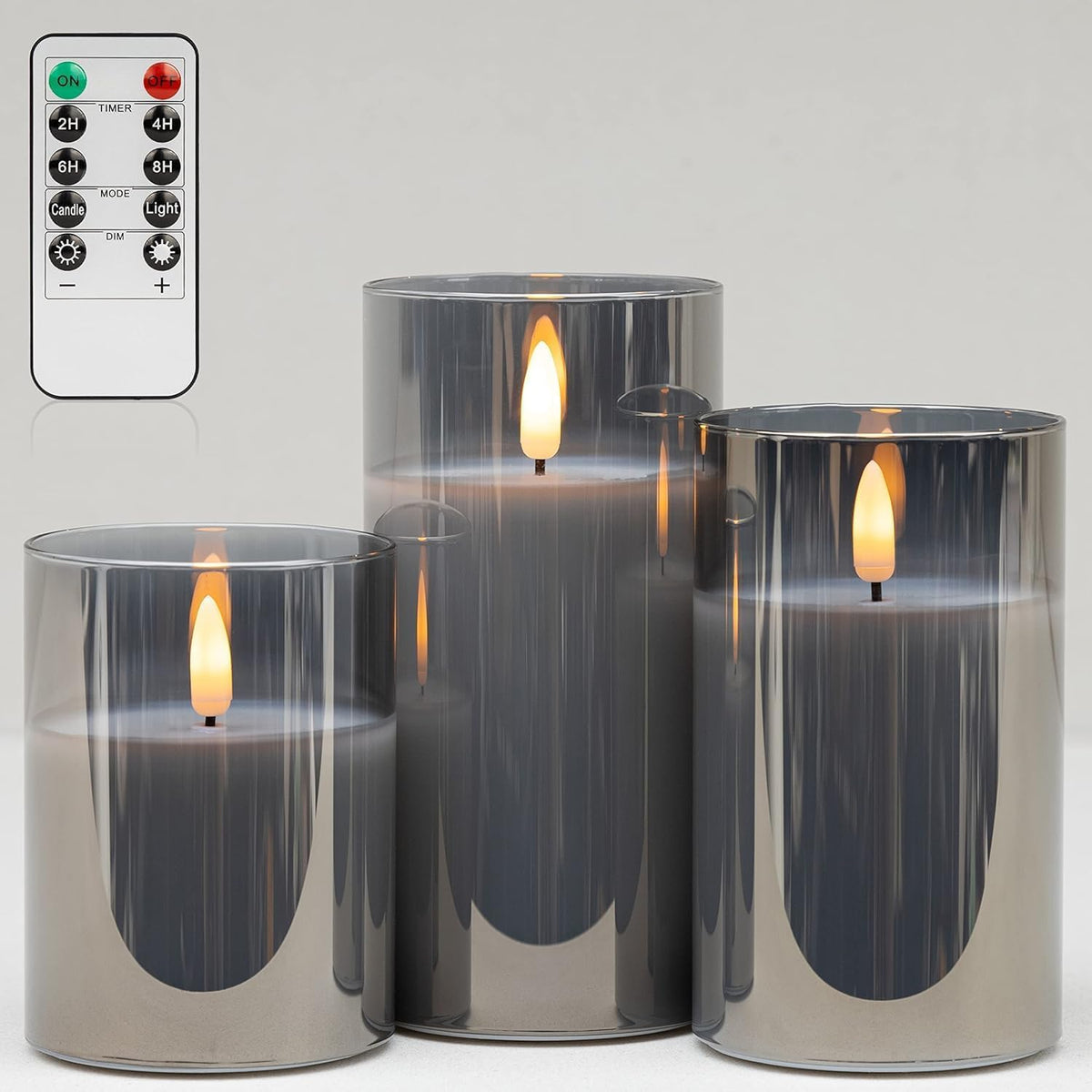 Flameless Candles Battery Operated Candles LED Pillar Grey Glass Candles | 10-Key Control with Remote and Timers for Indoor Party, Wedding,Tabletop Halloween Decorations, H 4" 5" 6", Set of 3