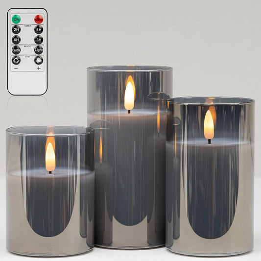 Flameless Candles Battery Operated Candles LED Pillar Grey Glass Candles | 10-Key Control with Remote and Timers for Indoor Party, Wedding,Tabletop Halloween Decorations, H 4" 5" 6", Set of 3
