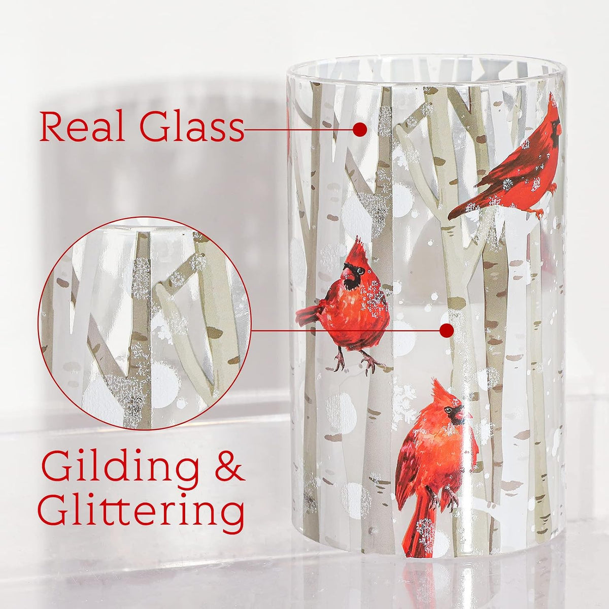 Christmas Flameless Candles with Remote, Cardinal Theme | Battery Operated LED Candles with Timer, Real Wax & Glass Effect Candle for Christmas Home Festival Décor, Set of 3