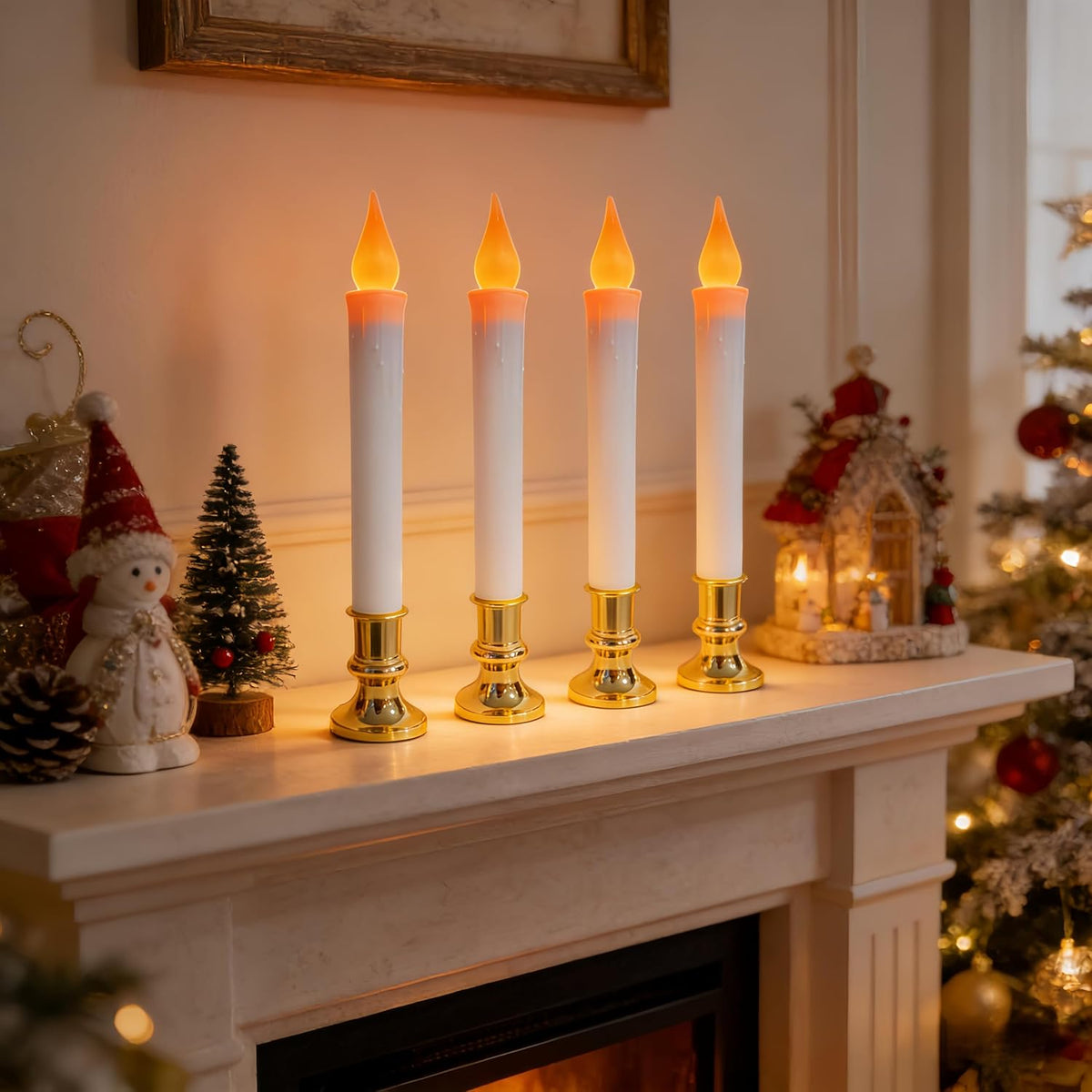 6 Pack 9" Gold Base LED Candle Lights with Dusk to Dawn Sensor, Battery Powered Flameless Candles for Indoor Table Party Decor