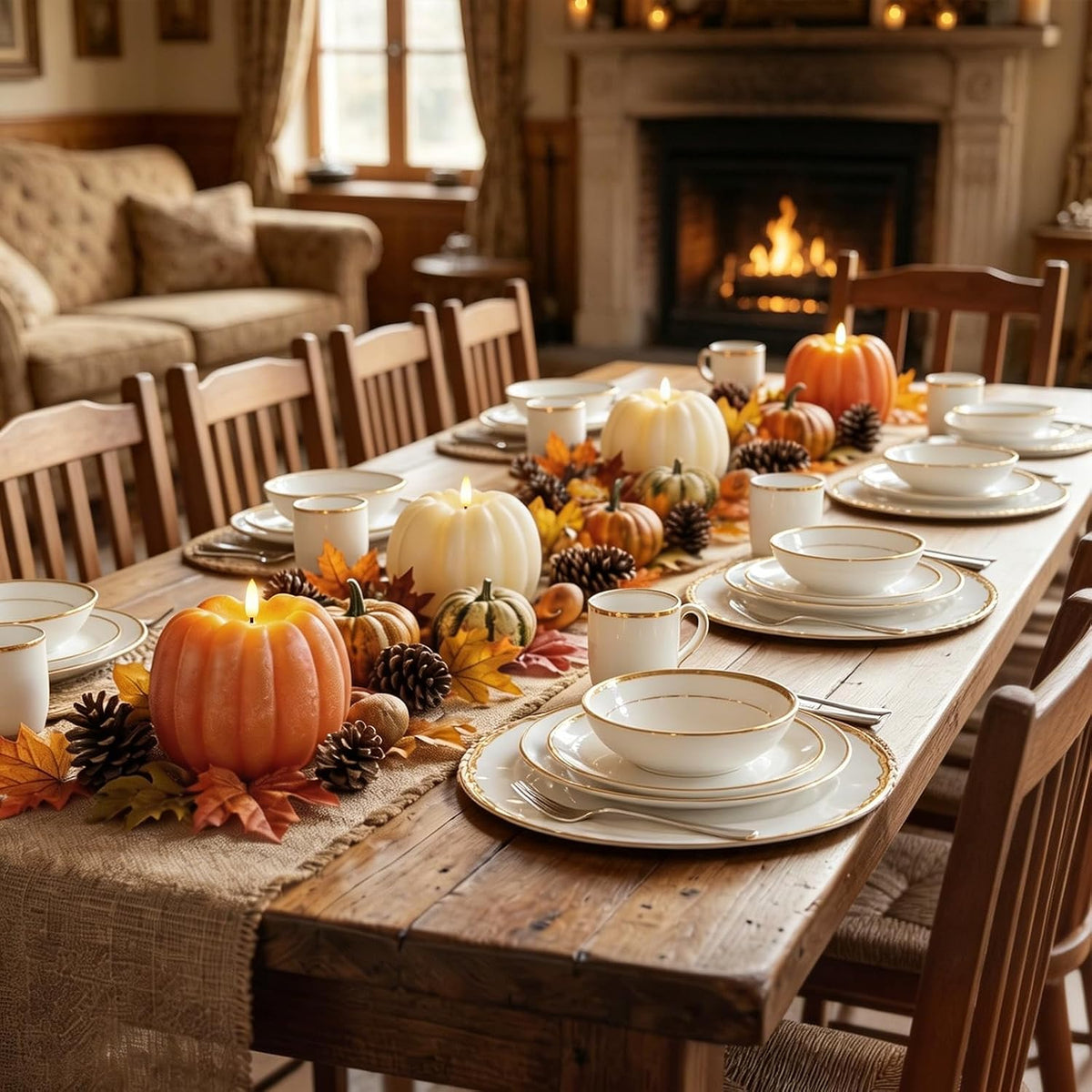 Fall Decorations for Home, Flameless Pumpkin Candle, Orange, White, 2Pack | Fall Decor for Thanksgiving, Halloween, Farmhouse, Table, Room, Kitchen, Wax, Remote, Timer, Battery Operated, 5.3"D, 5.1"H