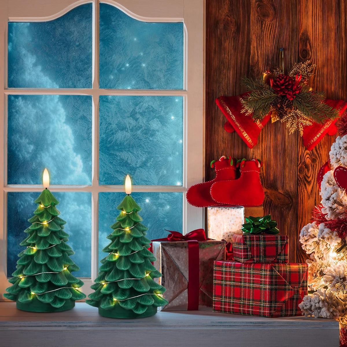 Christmas Tree Flameless Candles String Lights Remote and Timer | Battery Operated LED Pillar Candles, Real Wax Lifelike Leaves 3D Wick Flickering, Holiday Indoor Decor, 3"Dx7.1"H, 2 Pack