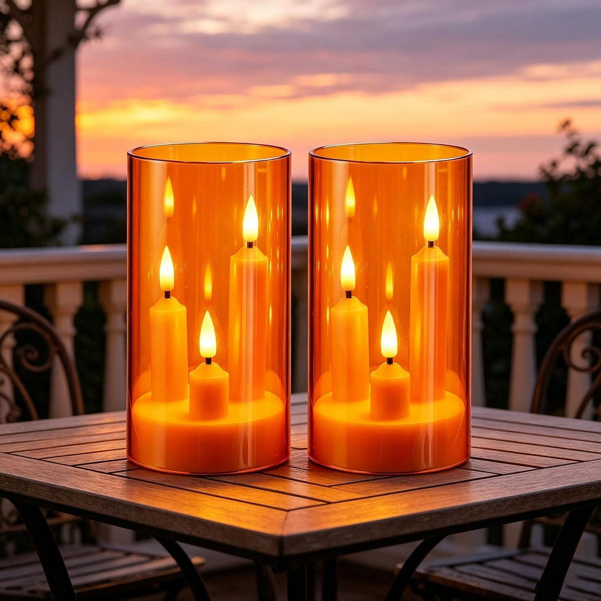 2 Pack 3D Wick Flameless Taper Candles, Orange Transparent Acrylic Cover, Remote Control Flickering LED Electric Candles, Battery Operated for Halloween Thanksgiving Christmas Home Decor.
