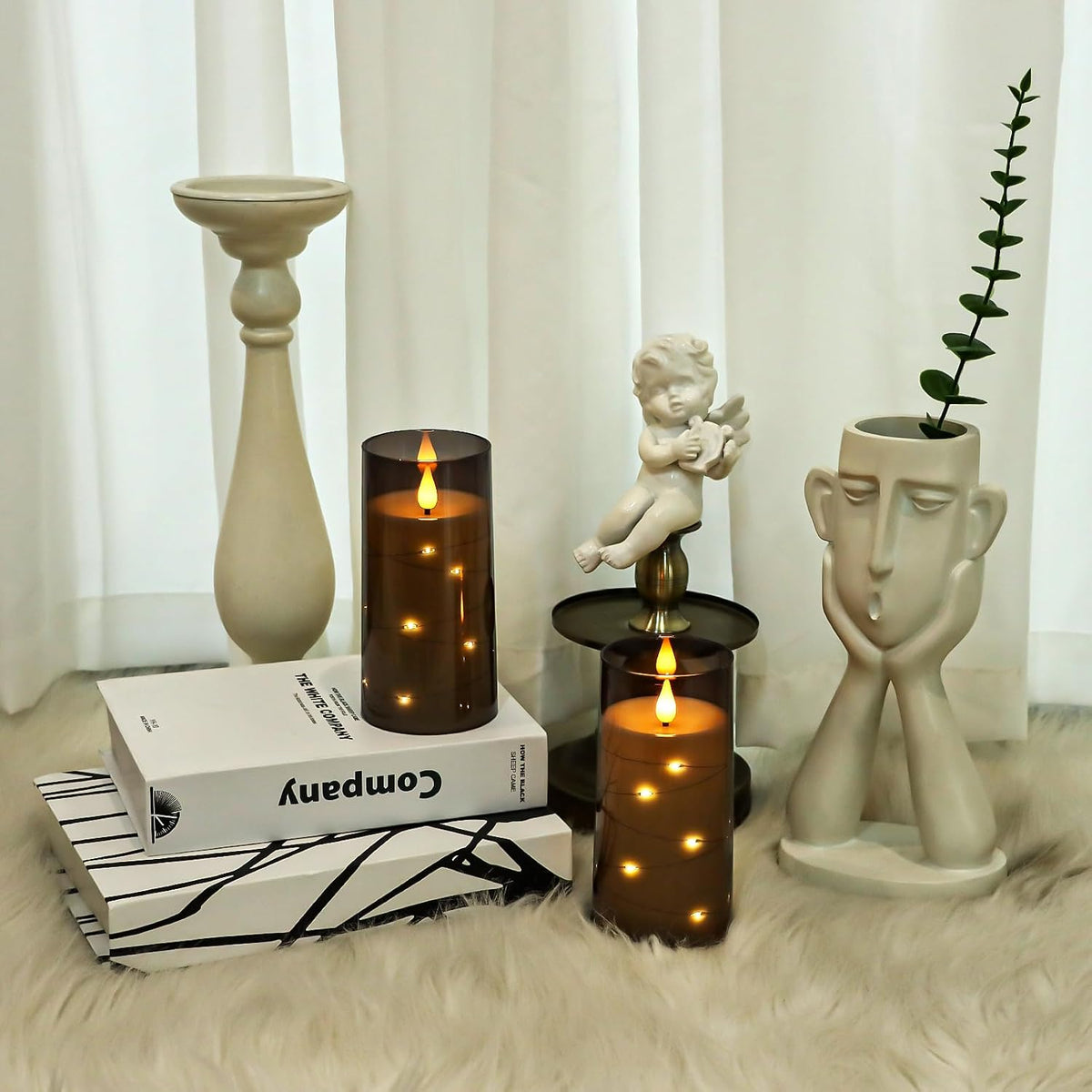 Flickering Flameless Candles Battery Operated Candles LED Candles with Remote Timer for Home/Wedding/Birthday/Holiday Decor ，Grey 3D Flame Set of 2 (D3 Xh6 6")