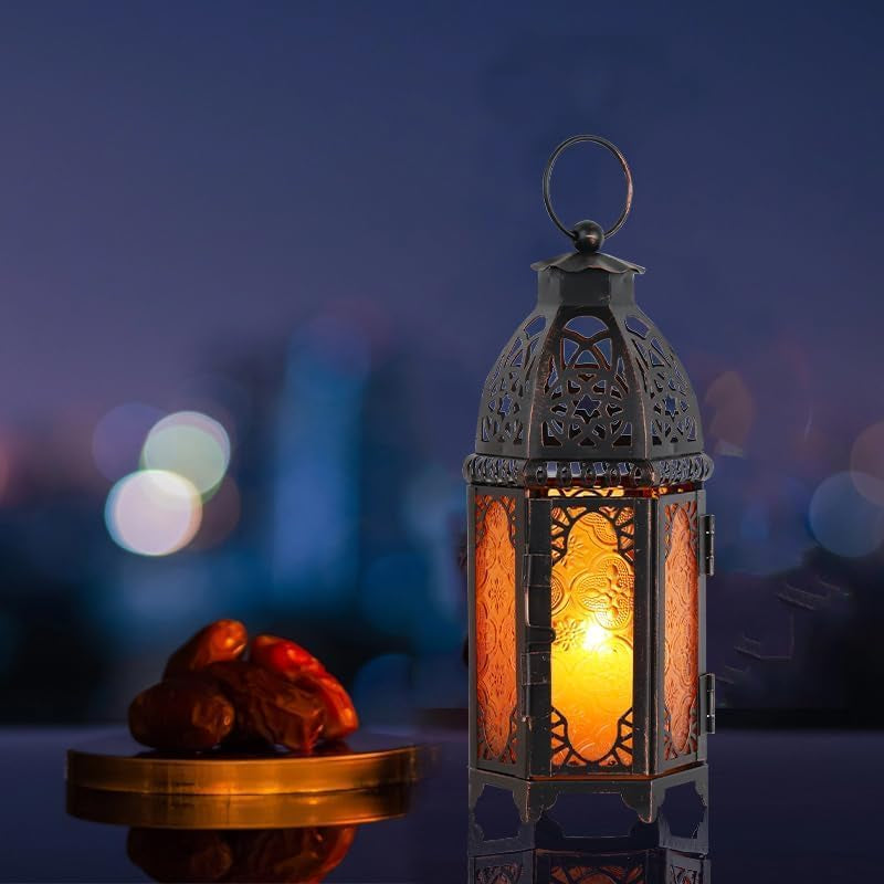 Ramadan Lanterns Decorative Indoor & Outdoor, 11’’ Medium Size Vintage Metal Hanging&Tabletop Candle Holder Decor, Halloween Christmas Moroccan Decorations for Home Porch Patio (Amber)