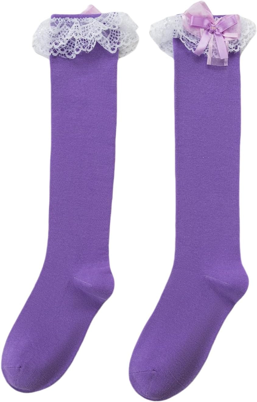 Women Girl'S Cotton Knee High Socks with Lace Ruffle Trim Oktoberfest Lolita Kawaii Bow Calf Socks