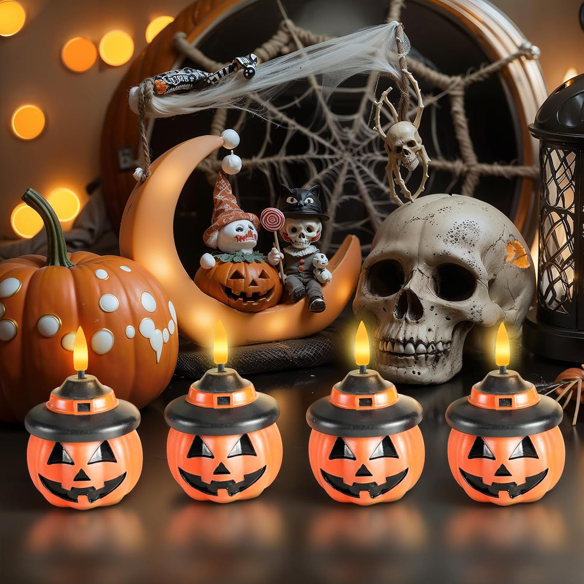 Real Wax Pumpkin Candles, 4 Pcs Flickering Flameless Candles with 6Hrs Timer, LED Halloween Pumpkin Lamp, Battery Operated Lights for Home Halloween Decor, Theme Party, Orange