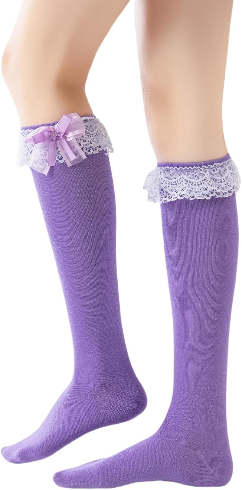 Women Girl'S Cotton Knee High Socks with Lace Ruffle Trim Oktoberfest Lolita Kawaii Bow Calf Socks