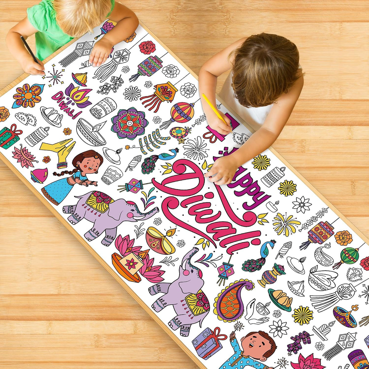 Diwali Giant Coloring Poster/Tablecloth - Diwali Decorations for Home - 30 X 72 Inches Jumbo Coloring Banner Kids Crafts Activities Decor Party Decorations | Diwali Gifts