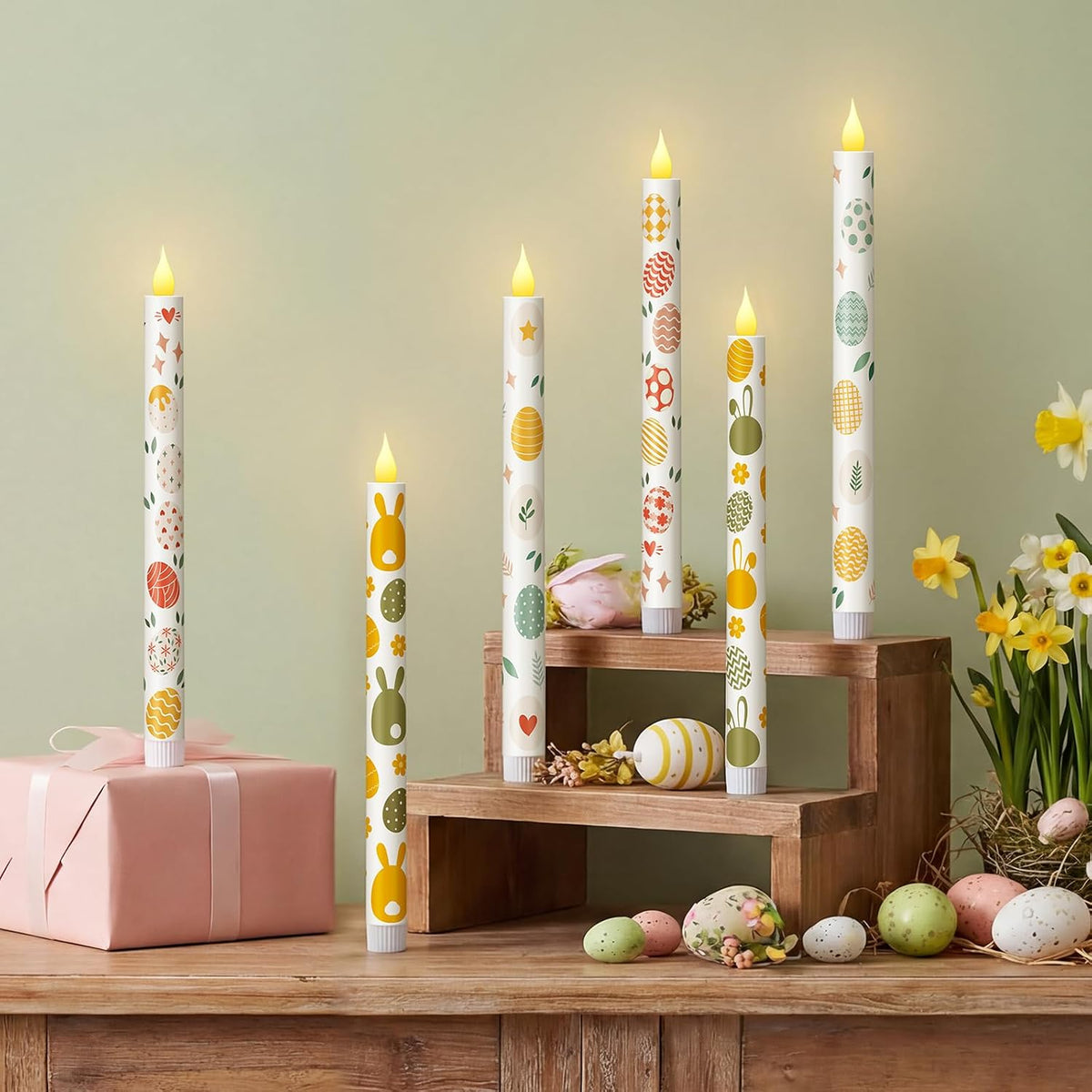 6 Pcs Easter Flameless Taper Candles 10.6 Inch Colorful Egg Bunny Candles Battery Operated LED Candlesticks for Easter Dinner Table Home Party Decor