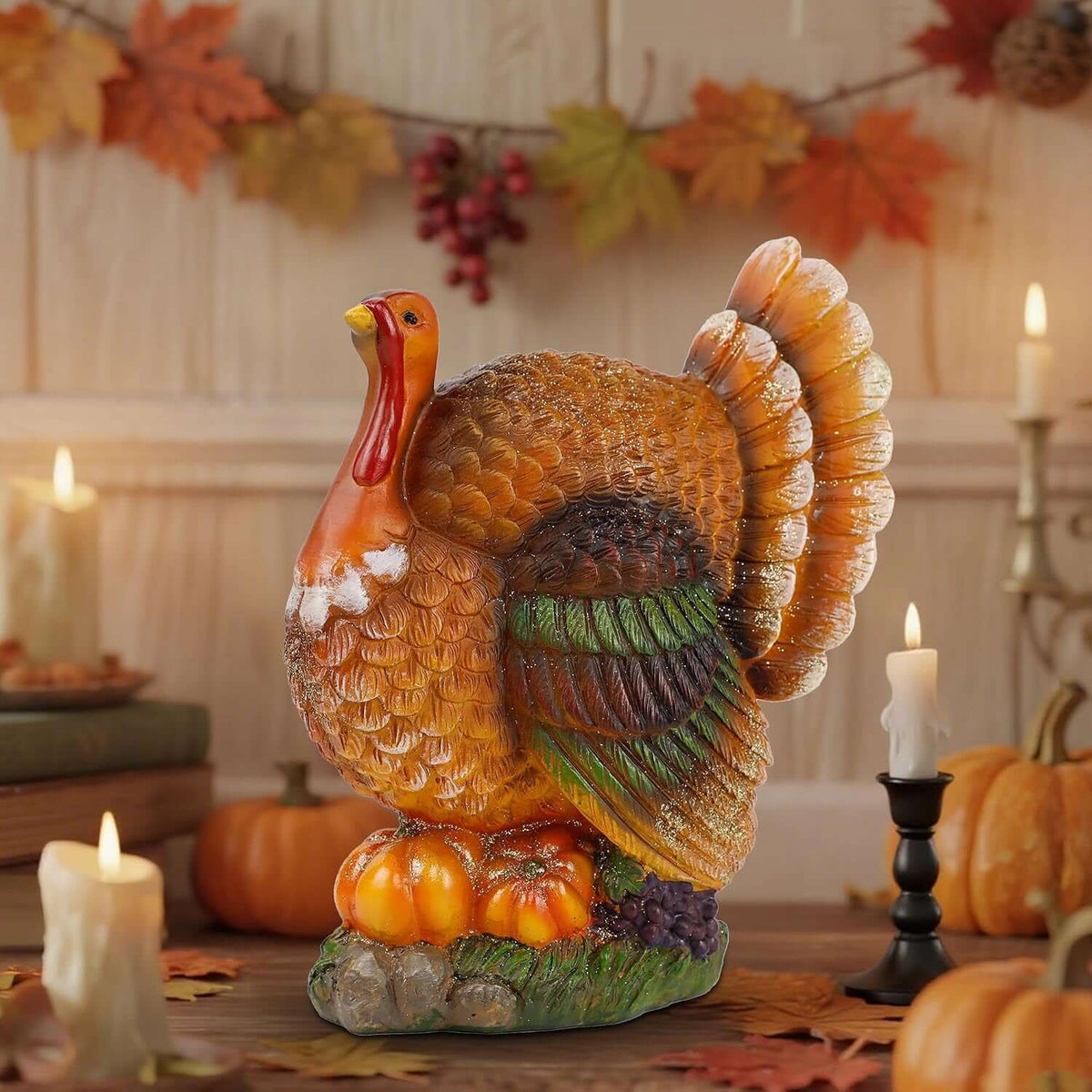 Thanksgiving Resin Turkey Table Decorations, 9.5" Tall | with Pumpkin, Hand-Painted, Fall Turkey Figurine Centerpieces for Tables, Home Kitchen Office Harvest Decor