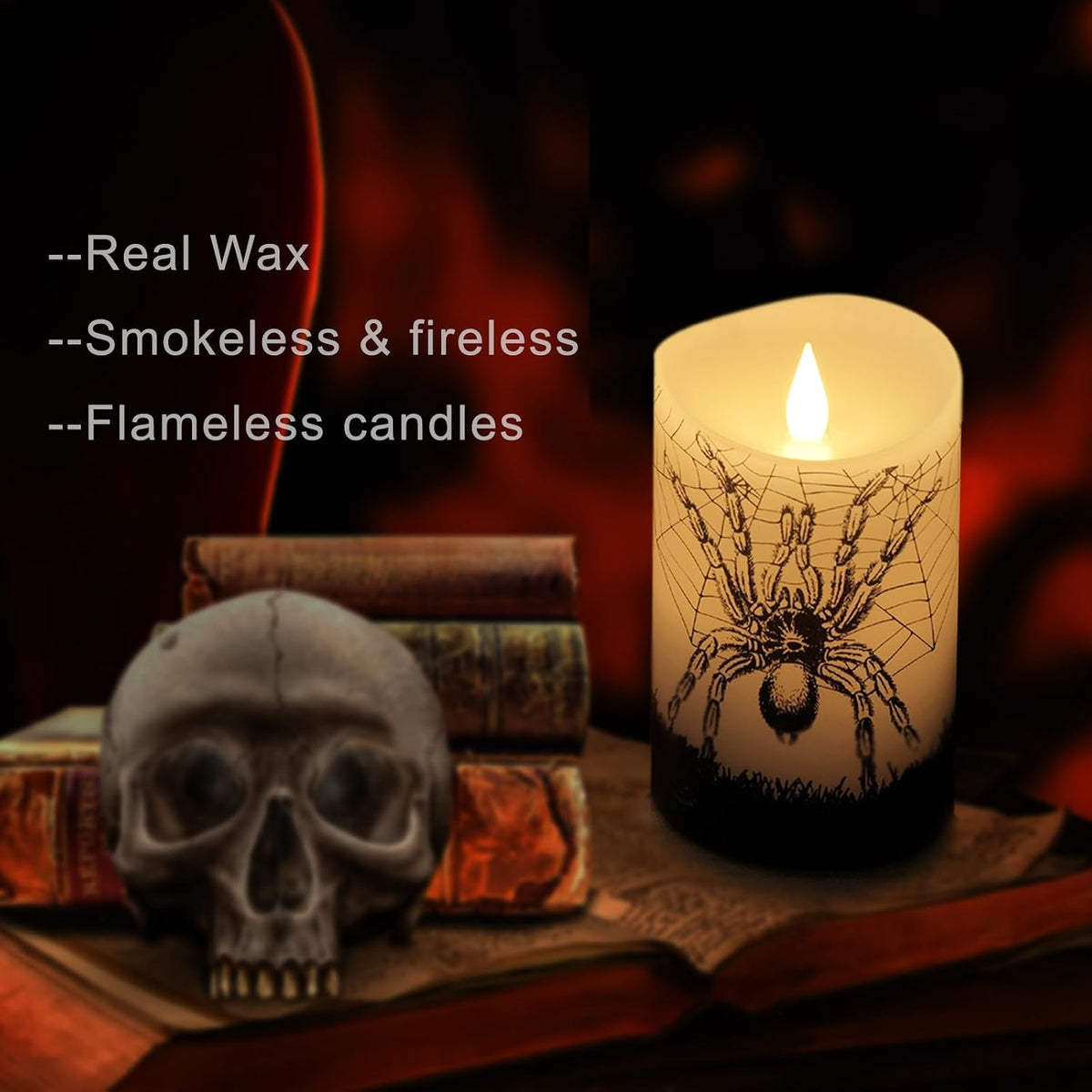 Halloween Flameless LED Candles with Remote Control, 3"X 5"Battery Operated Pillar Real Wax with Timer for Halloween Decorations, Spider Candle