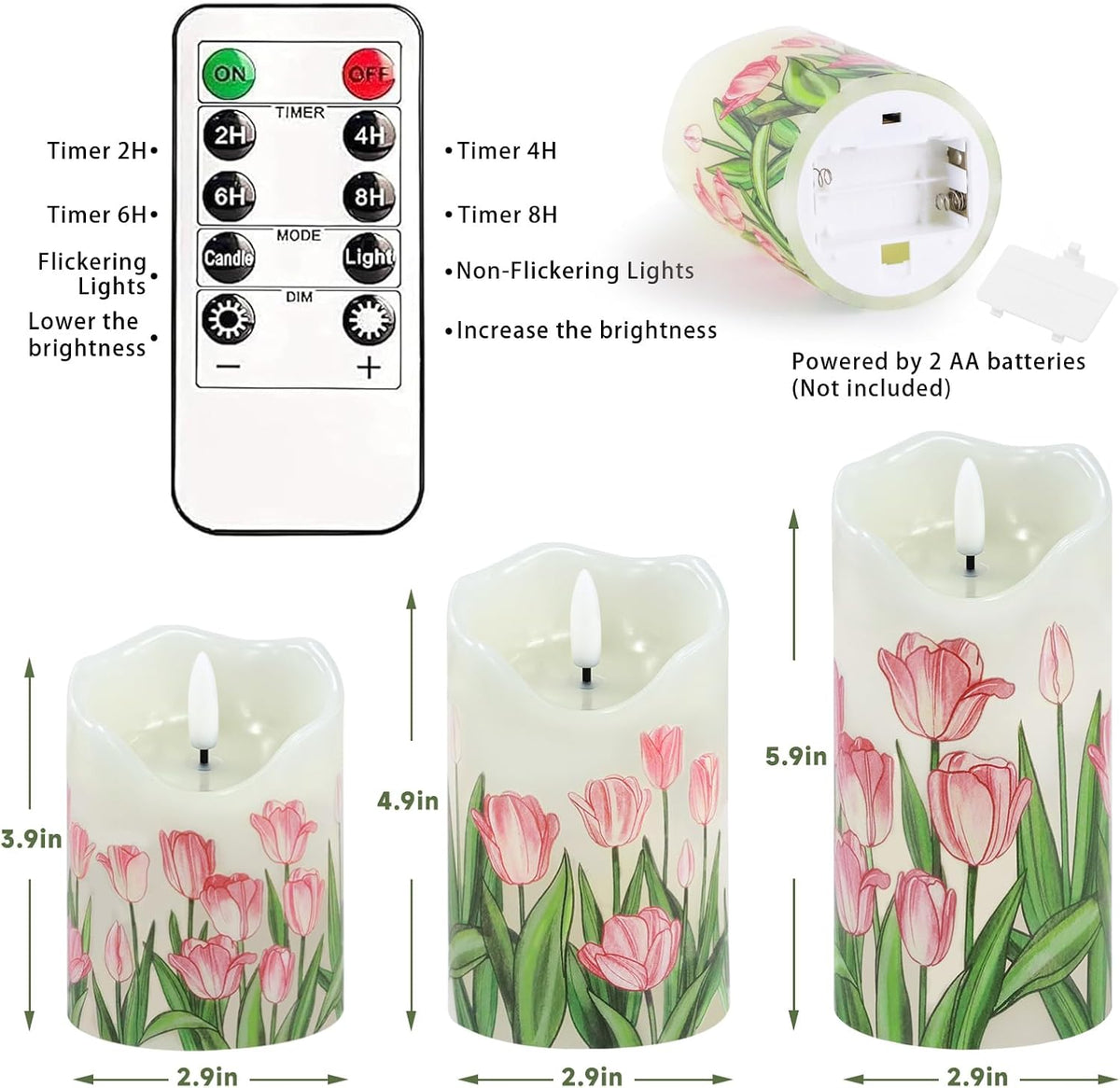 Tulip Flameless Candles Set of 3, Spring LED Candles with Remote & Timer | Flickering Real Wax Pillar Candles Battery Operated, Dimmable Electric LED Candles Light for Mother'S Day Spring Easter Decor