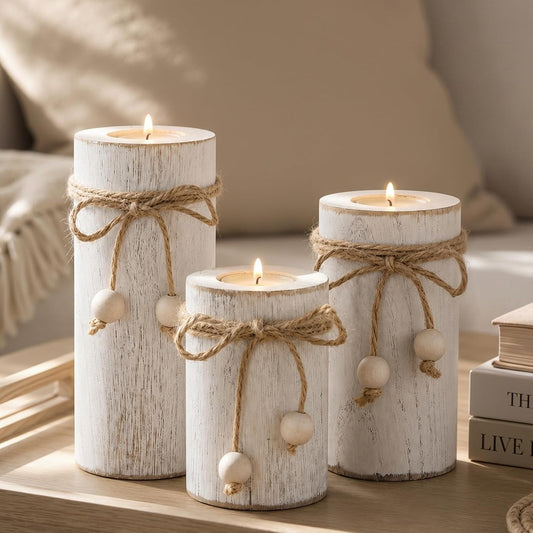 White Wooden Candle Holder with Flameless LED Candles Modern Boho Decor 3P | Farmhouse Centerpieces for Table 3-Pack with Battery Operated for Candles Holiday Party Home Decor