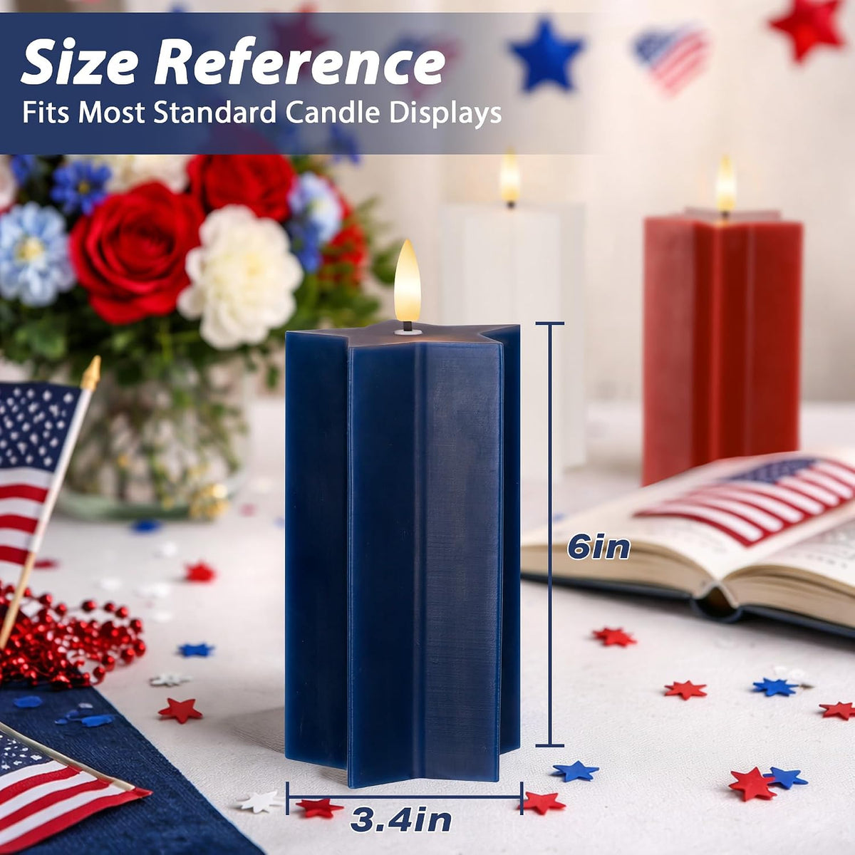4Th of July Flameless Candles with Remote, Red White and Blue LED Candles | Battery Operated Patriotic Decorative Candles, Star Shaped, Real Wax, for Independence Day Home Party Decor, Set of 3