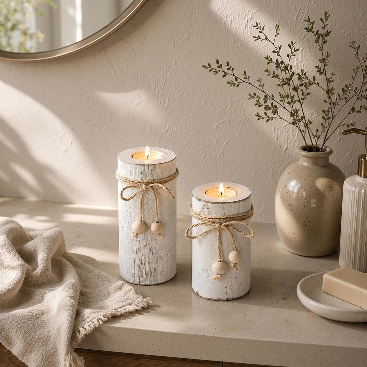 White Wooden Candle Holder with Flameless LED Candles Modern Boho Decor 3P | Farmhouse Centerpieces for Table 3-Pack with Battery Operated for Candles Holiday Party Home Decor