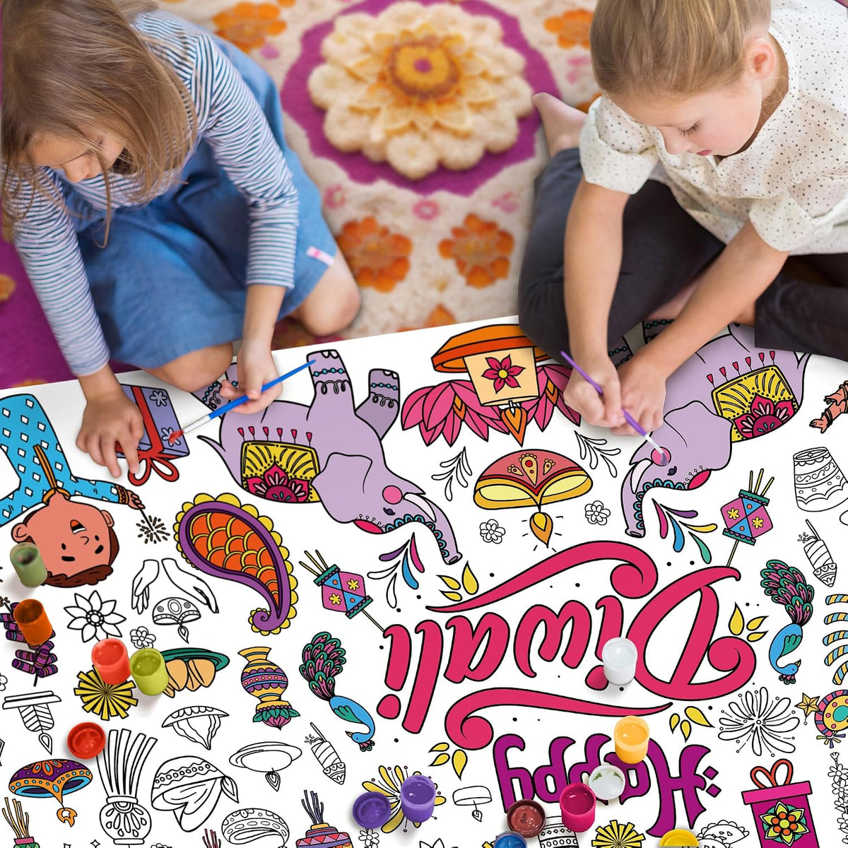 Diwali Giant Coloring Poster/Tablecloth - Diwali Decorations for Home - 30 X 72 Inches Jumbo Coloring Banner Kids Crafts Activities Decor Party Decorations | Diwali Gifts