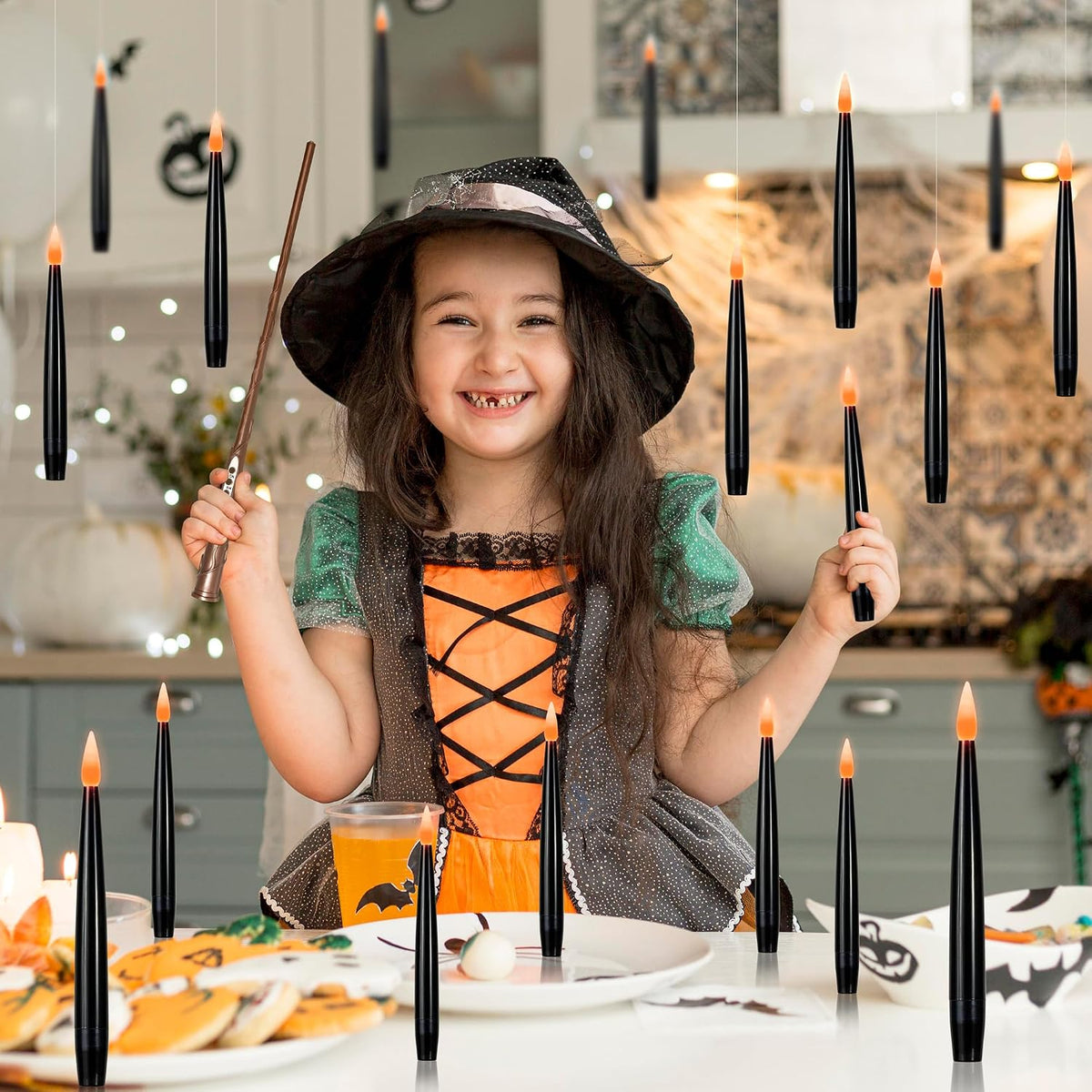 Floating Candles with Wand, Halloween Magic Flameless Candles | 10 Pack Magic Hanging Candles, Black Flameless Taper Candles with Wand Remote, Halloween Battery Candlesticks