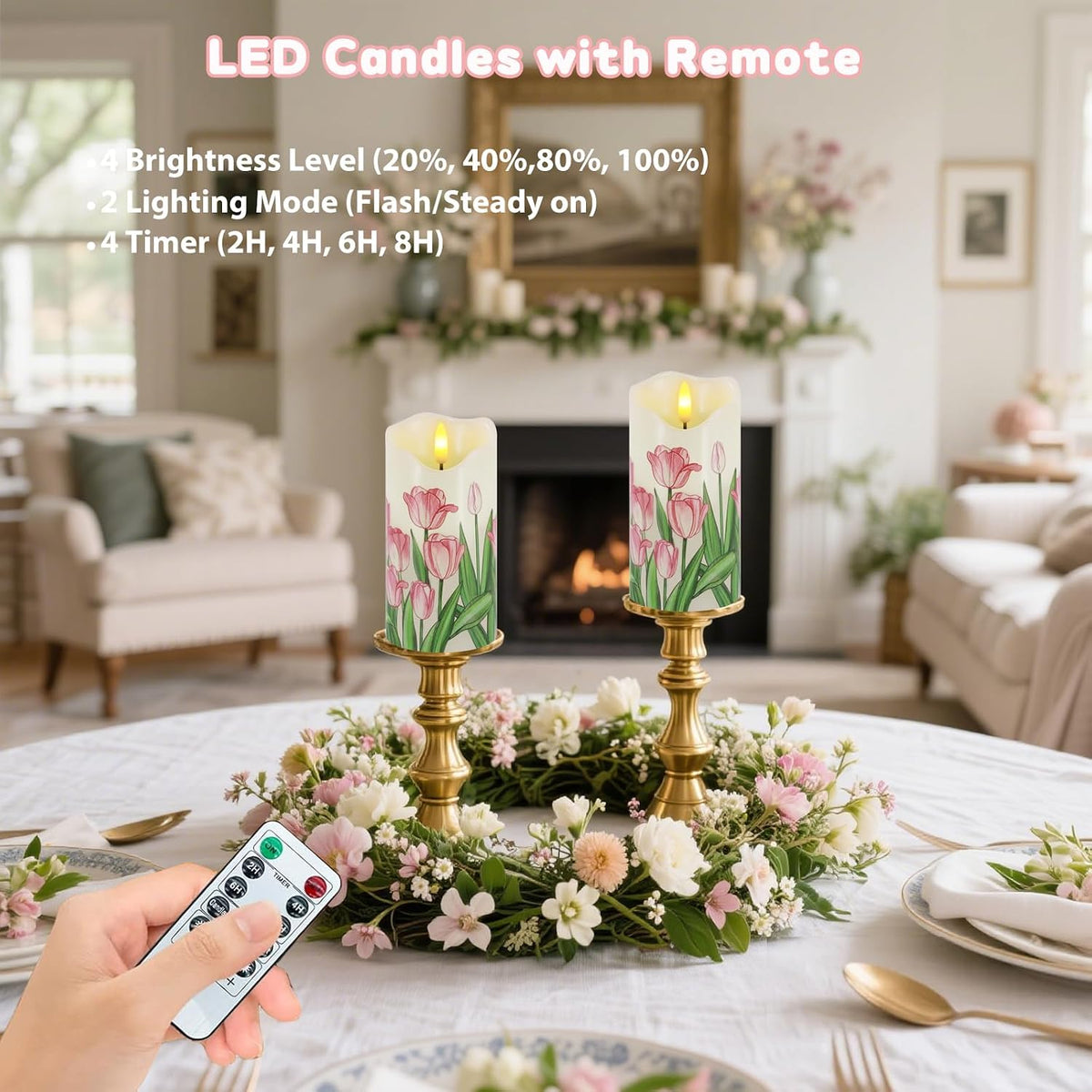 Tulip Flameless Candles Set of 2, 6"X3" Spring Candles with Remote & Timer | Flickering Real Wax Pillar Candles Battery Operated, Dimmable Electric LED Candles Light for Mother'S Day Spring Easter Decor