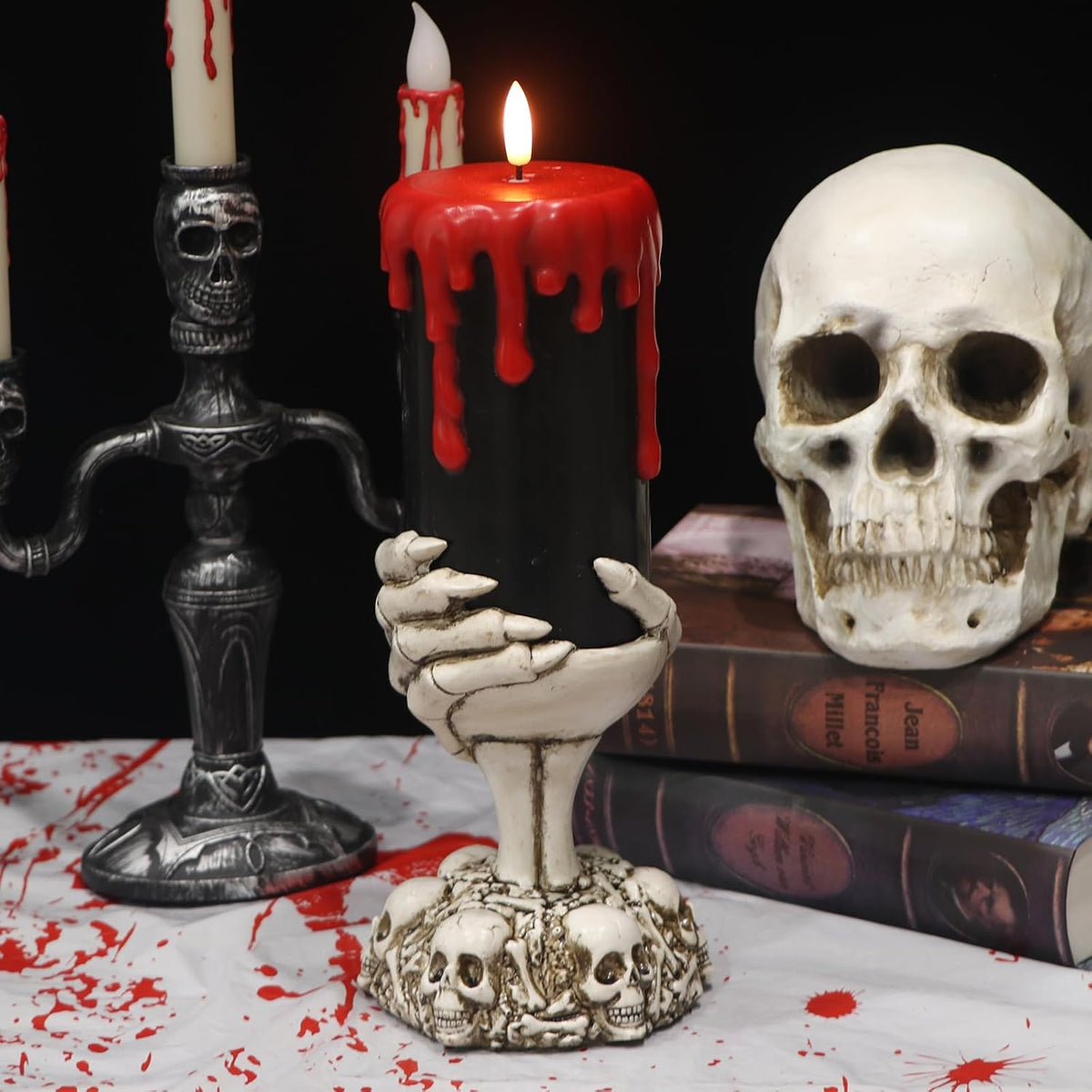 Black Flameless Pillar Candle Battery Operated with 6 Hour Timer | 3D Wick Flickering LED Candles, Blood Dripping Wax, Skeleton Hand Holder, Halloween Indoor Table Decor, 4"D X 11"H