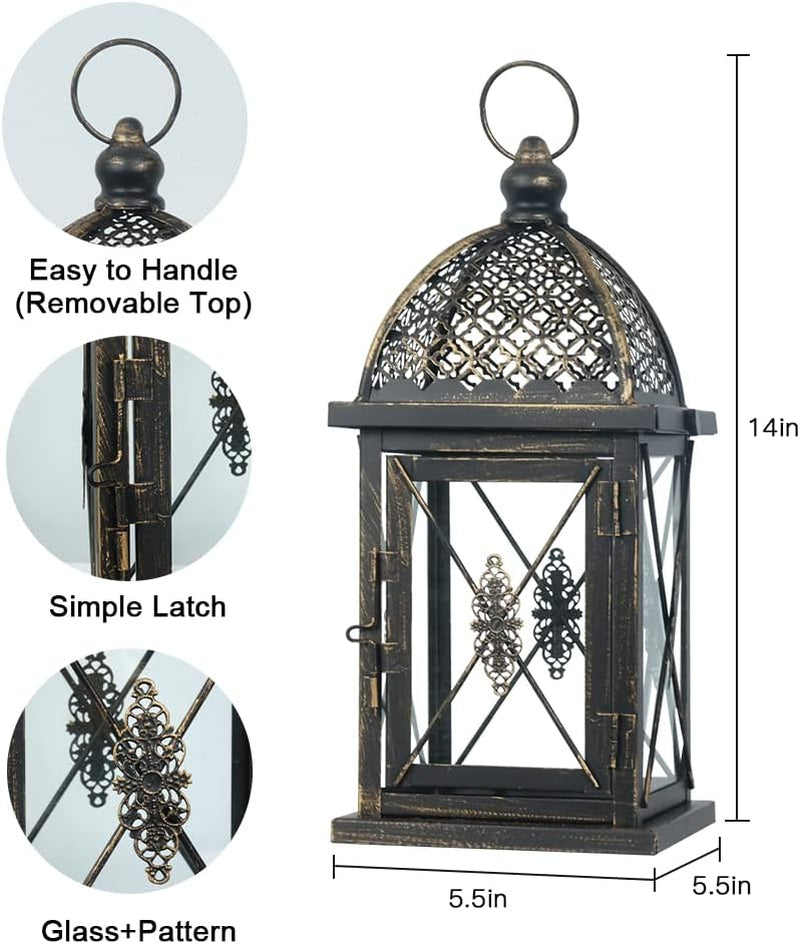 14.4" Outdoor Lantern, Large Vintage Lanters Decorative Indoor with Clear Glass, Metal Candle Lantern Decor for Home, Table, Patio, Front Porch, Rustic Farmhouse Wedding Shelf
