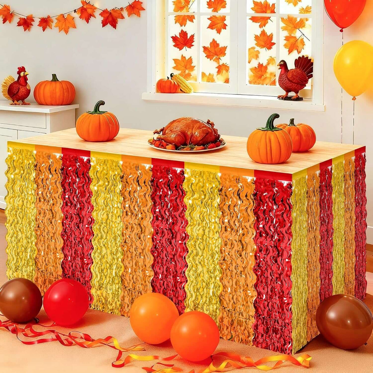 Thanksgiving Table Skirt Decor, 2 Pack Red Orange Gold Desk Skirts Decorations, Metallic Thanksgiving Wavy Tinsel Foil Fringe Table Skirts, Foli Table Skirt for Fall Holiday Party Backdrop Decor