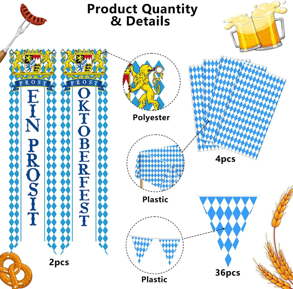 Oktoberfest Decorations Kit for German Beer Festival Theme Party | Includes 4 Table Covers, 1 Pennant Banner and 2 Door Banners for Oktoberfest Party Decorations