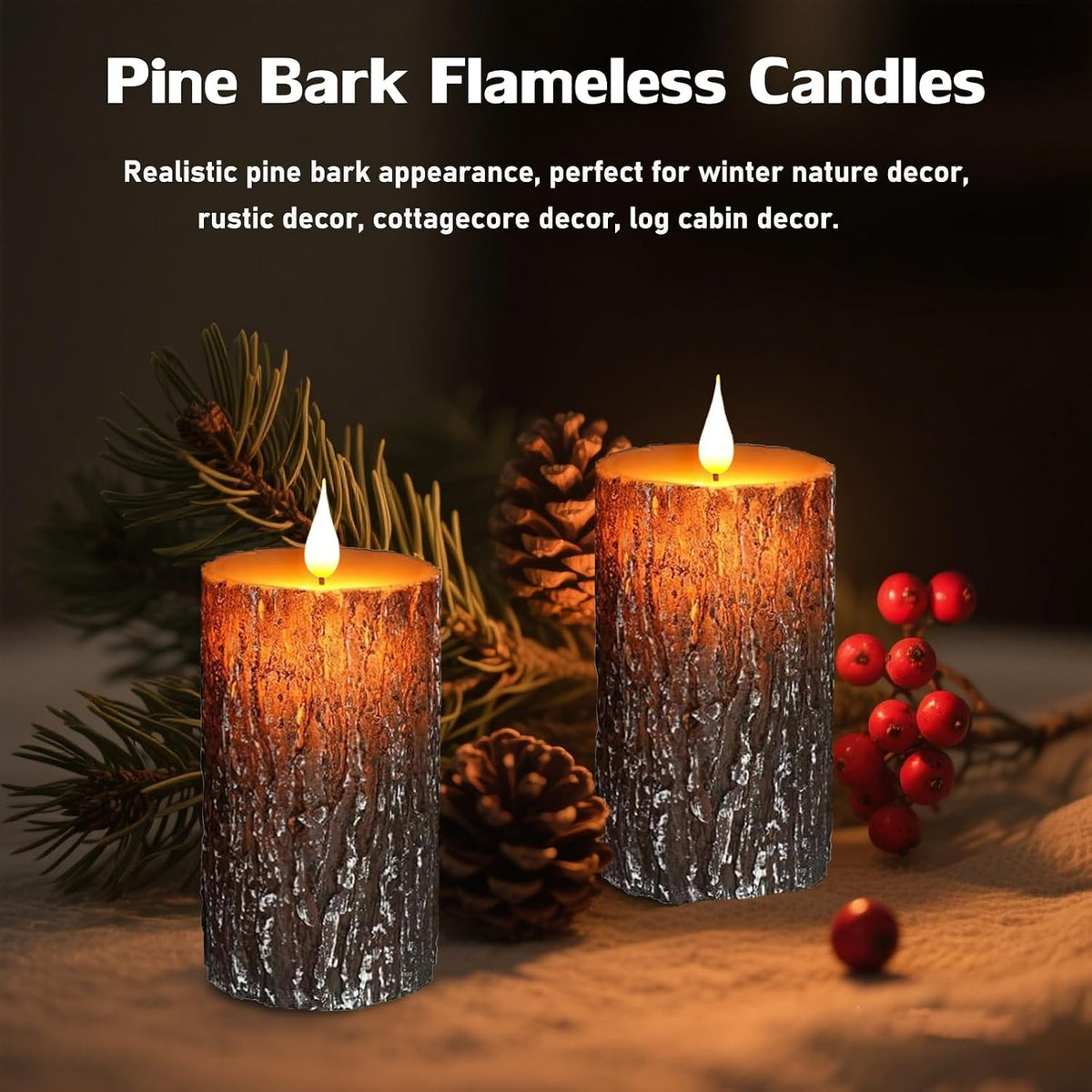 Pine Bark Flameless Candles Set of 2, Christmas Candles with Remote & Timer | 6"X3" Flickering Real Wax Pillar Candles Battery Operated, Electric LED Candles Light for Rustic Home Christmas Decor
