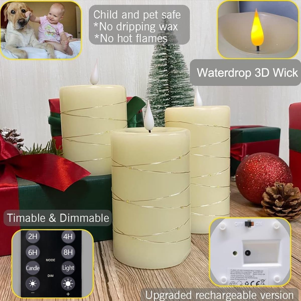 Rechargeable Flameless Candles, Embedded Star String Flickering Real Wax Flameless Candles for Romantic Ambiance and Festival Home Decoration with Remote & Timer