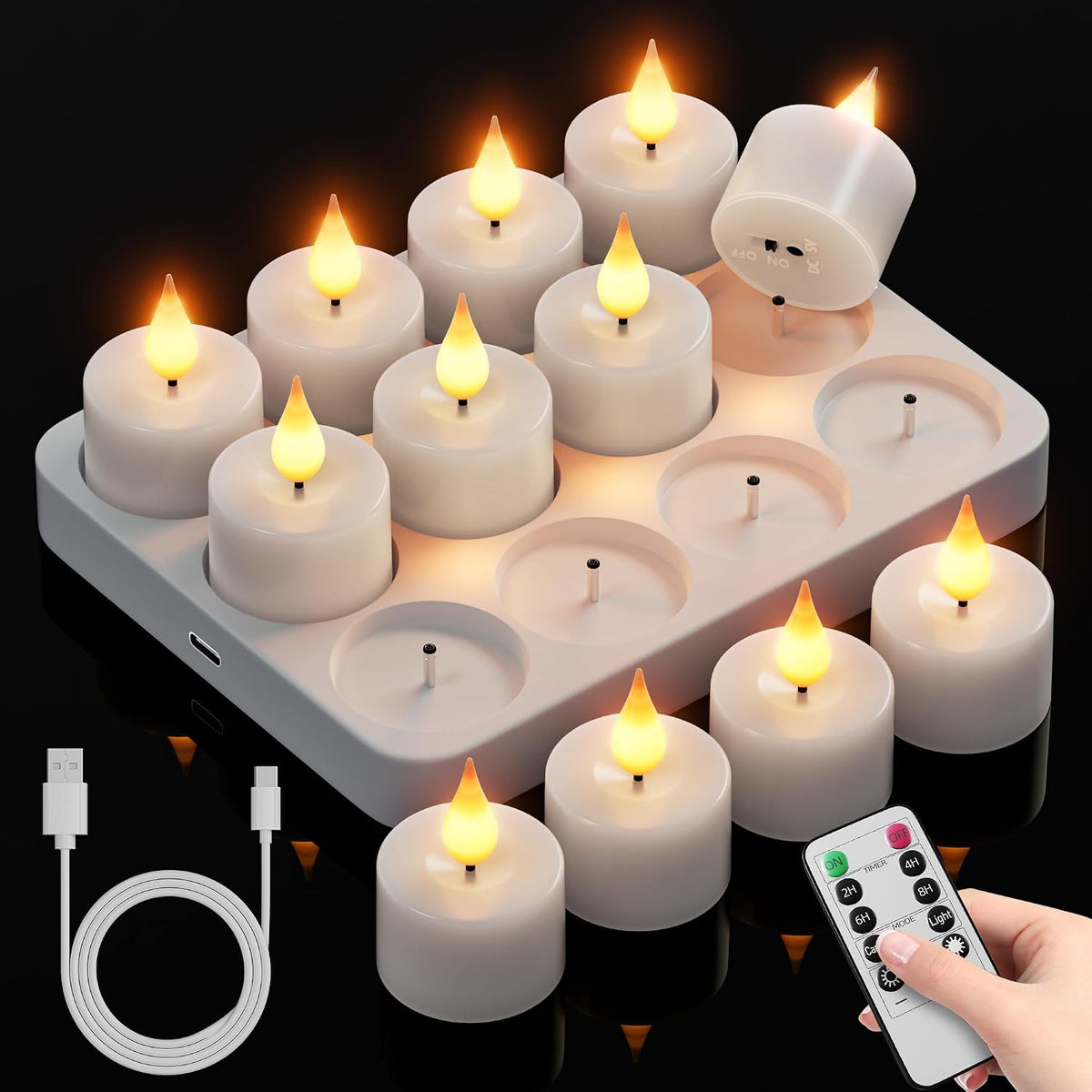 Rechargeable Flameless Tea Lights Candles with Remote Charging Base 12Pcs | Battery Operated Tea Light with Timer, LED Flickering, Votive Tealight for Christmas Halloween Wedding Decor