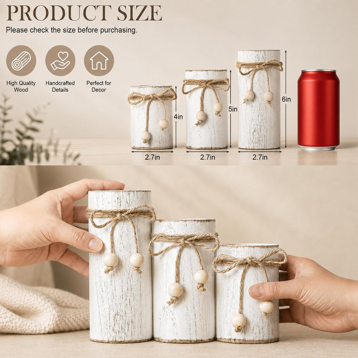 White Wooden Candle Holder with Flameless LED Candles Modern Boho Decor 3P | Farmhouse Centerpieces for Table 3-Pack with Battery Operated for Candles Holiday Party Home Decor
