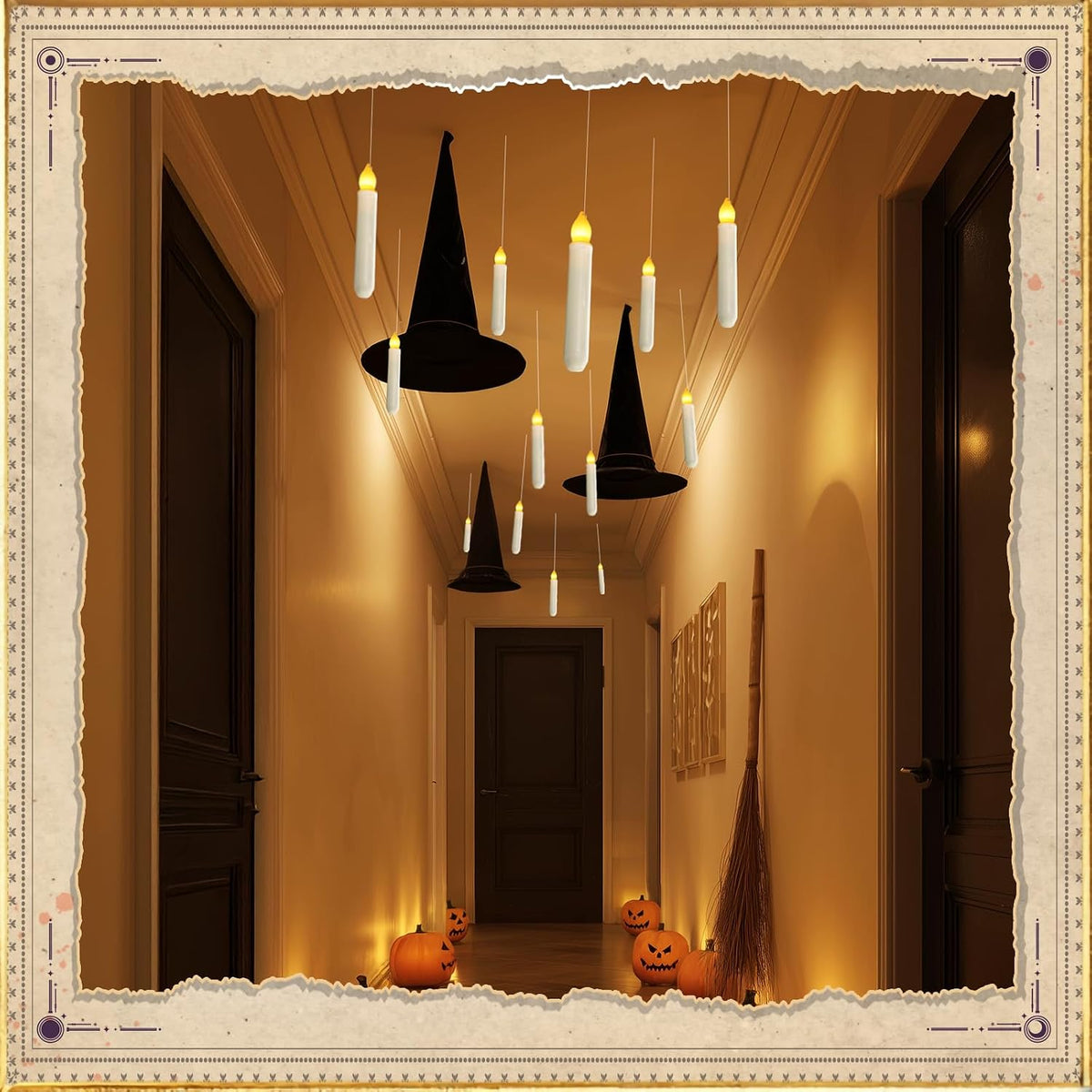 20 Pcs Floating Candles with 2 Wand, LED Warm Yellow Magic Deco Candle, Warm Yellow Flameless Taper Candles for Halloween Party Decor
