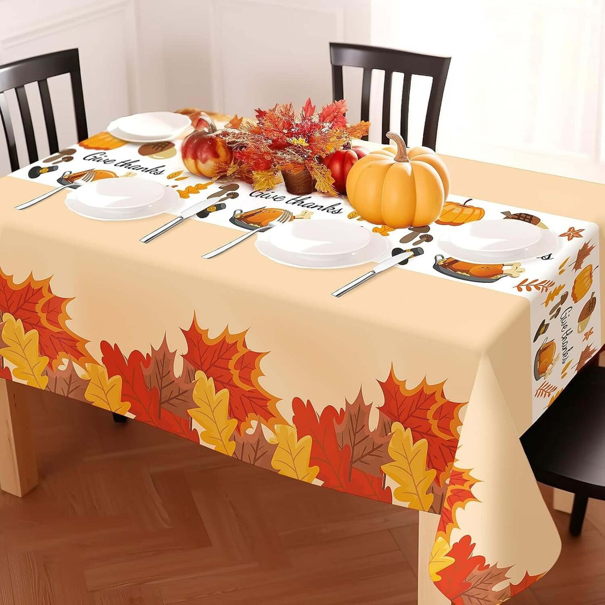 Thanksgiving Tablecloth, 3 Pack Disposable Plastic Tablecloth 54" X 108" Thanksgiving Decorations, Autumn Maple Leaf Party Table Cover, Fall Harvest Party Decor for Outside,Picnic,Home,Dinner