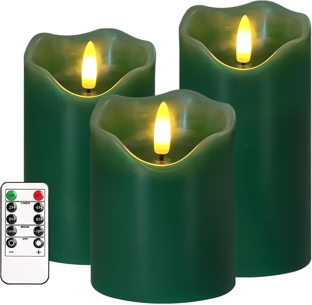 Flickering Flameless Candles, Set of 3 Green LED Candle Light with Remote & Timer, Battery Operated Electric Pillar Candle by Real Wax Dimmable Fake Candles for Home Falll Halloween Decor (Green)