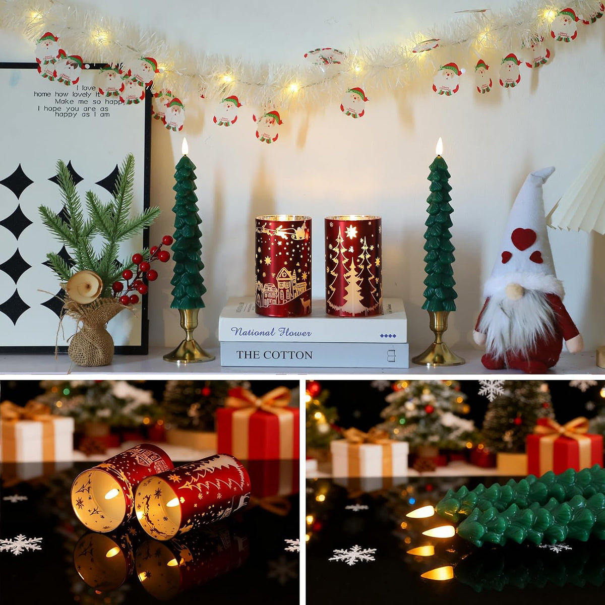 Chritsmas Flameless Candles, Battery Operated Christmas Candles, Real Wax Glass Flickering LED Candles, Tree Candlestick for Home Christmas Decor, Remote Timer