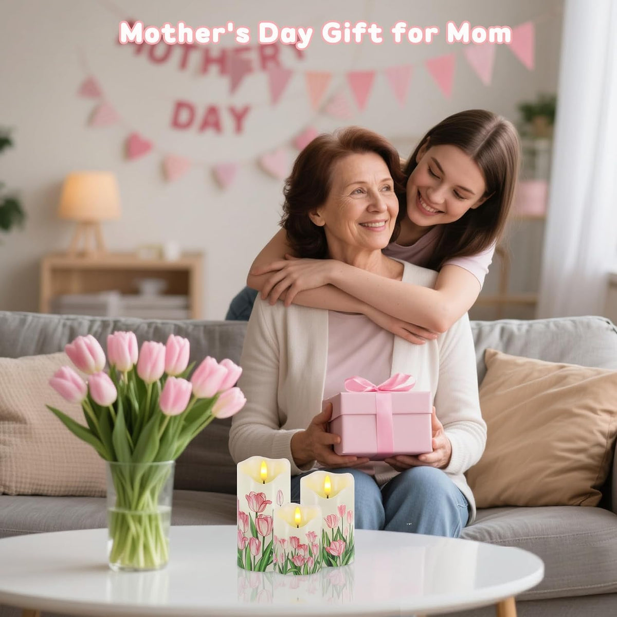 Tulip Flameless Candles Set of 3, Spring LED Candles with Remote & Timer | Flickering Real Wax Pillar Candles Battery Operated, Dimmable Electric LED Candles Light for Mother'S Day Spring Easter Decor