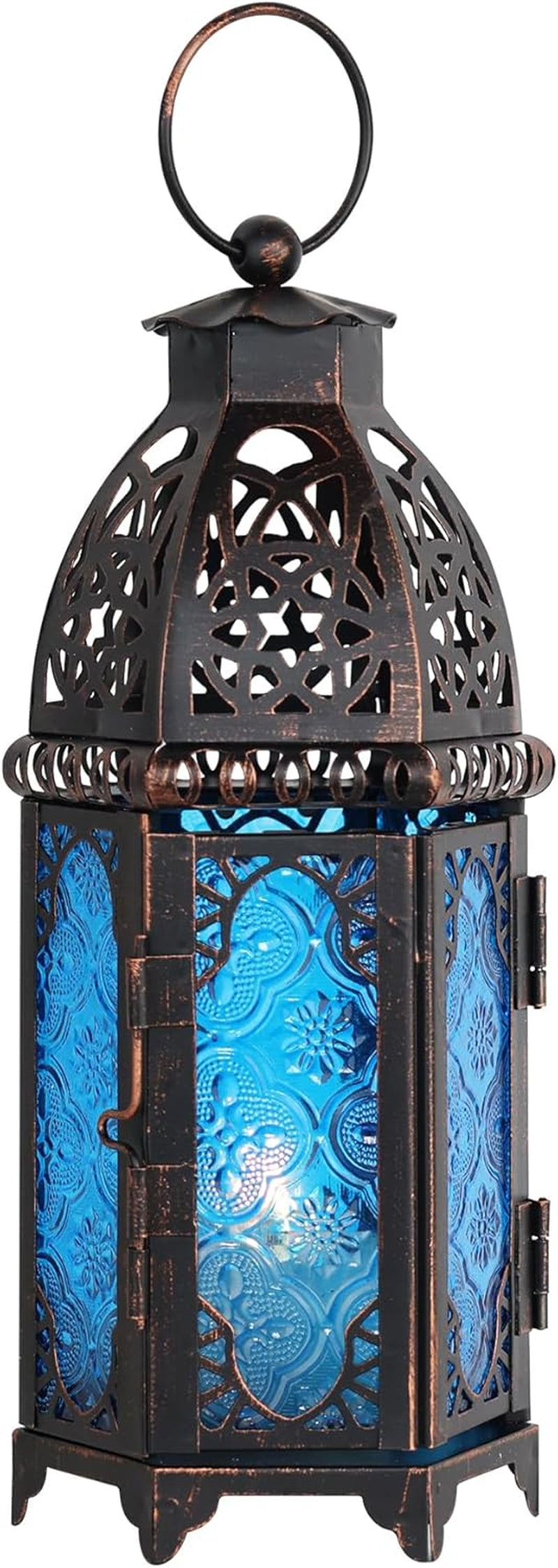 Christmas Lanterns Decorations Indoor & Outdoor, 11’’ Medium Size Vintage Metal Hanging&Tabletop Candle Holder Decor, Halloween Ramadan Decorations for Home Porch Patio(Blue)