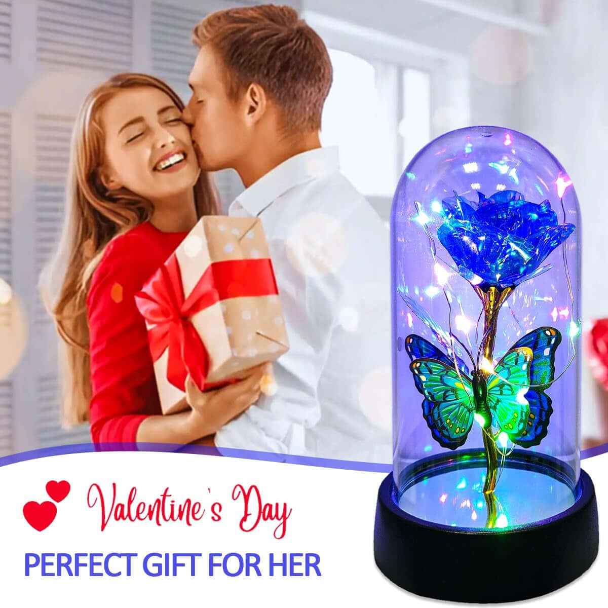 Glass Rose in Glass Dome, Light up Led Flower, Blue Butterfly Gifts | Glass Rose, Forever Roses, Light up Flowers, Valentines Day Gifts, Mothers Day Rose Gift for Mom, Women Birthday Gifts