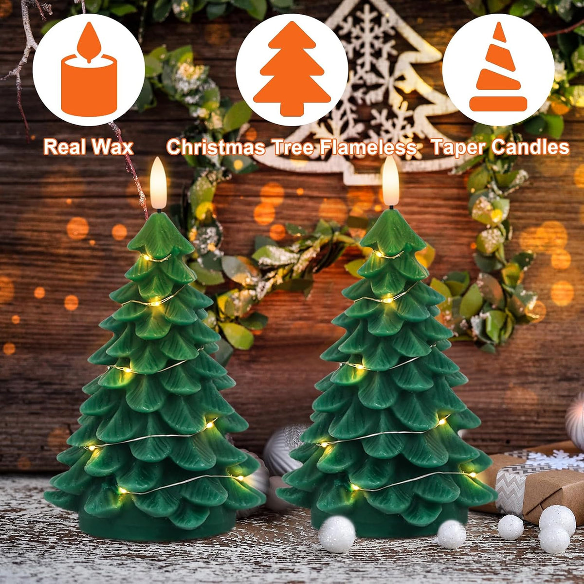 Christmas Tree Flameless Candles String Lights Remote and Timer | Battery Operated LED Pillar Candles, Real Wax Lifelike Leaves 3D Wick Flickering, Holiday Indoor Decor, 3"Dx7.1"H, 2 Pack