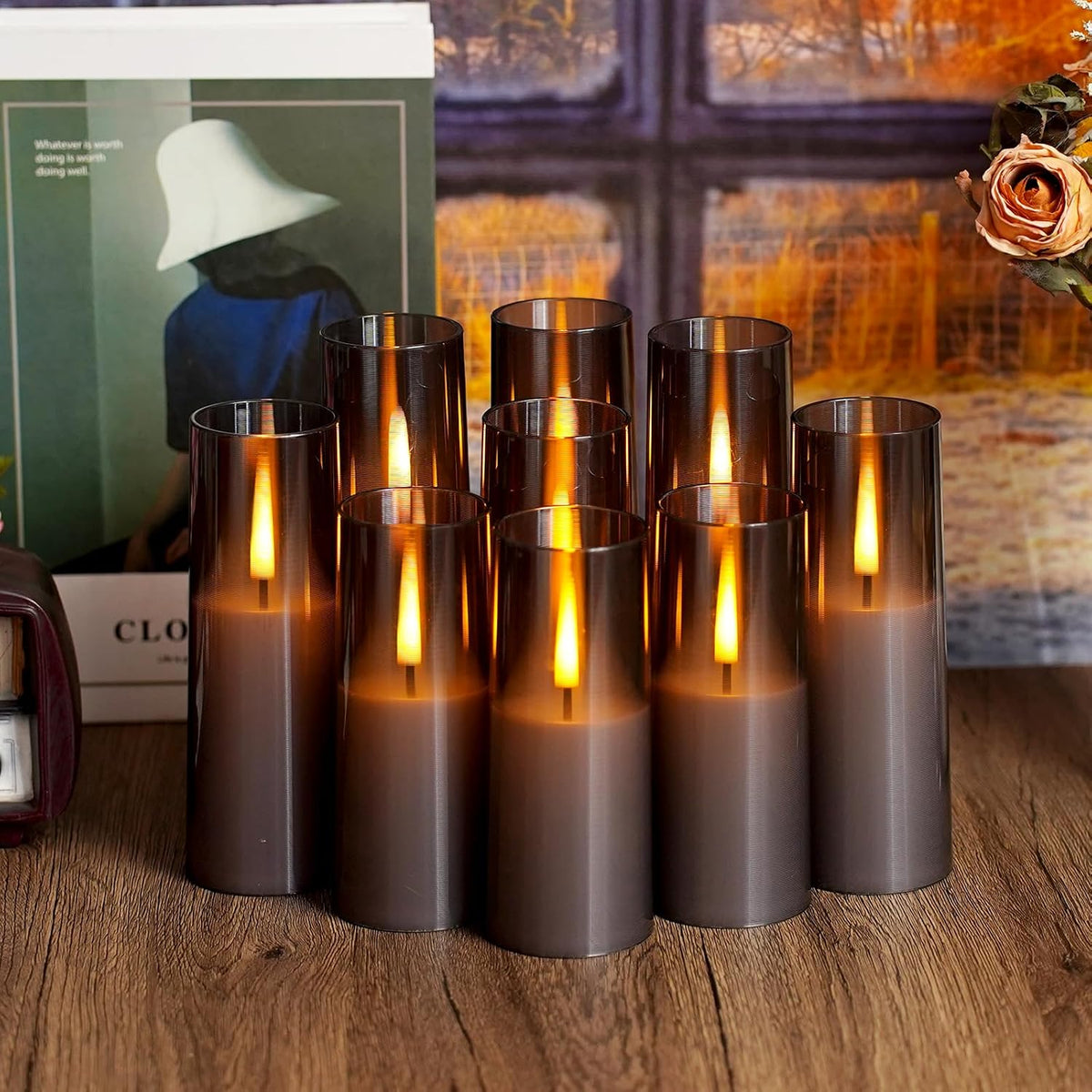Flickering Flameless Candles,Battery Operated, Flameless Candles with Remote, 2/4/6/8 Hour Timer, Realistic Jumping Flame Effect, Perfect for Home Decor, Holiday Decoration Pcs 9 (Grey)