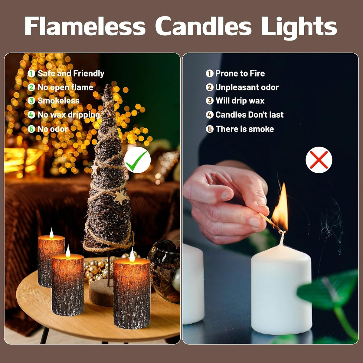 Pine Bark Flameless Candles Set of 2, Christmas Candles with Remote & Timer | 6"X3" Flickering Real Wax Pillar Candles Battery Operated, Electric LED Candles Light for Rustic Home Christmas Decor