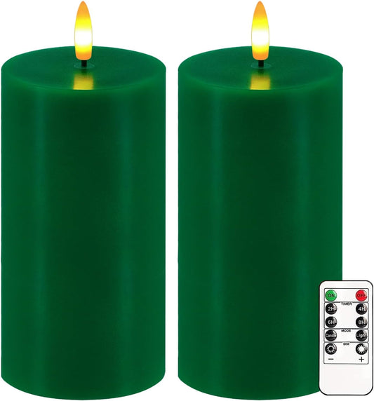 Green Flameless Candles, Set of 2 7"X3" Flickering LED Candles with Remote & Timer, Dimmable Electric Pillar Candles Battery Operated, Candles Light for Home St. Patrick'S Christmas Decor (Green)
