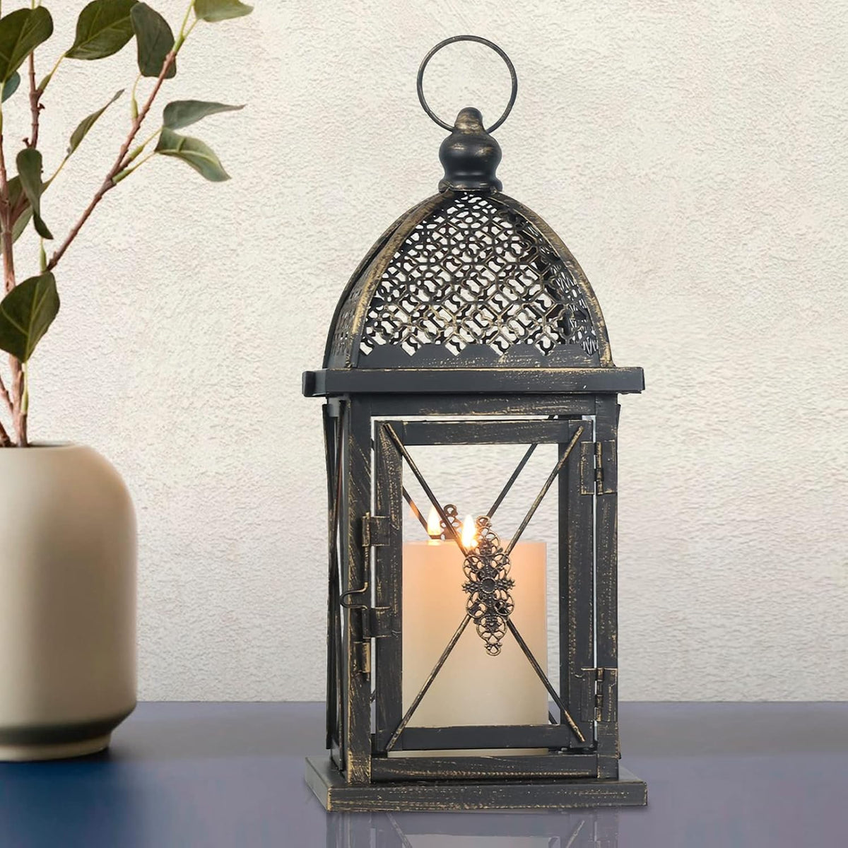 14.4" Outdoor Lantern, Large Vintage Lanters Decorative Indoor with Clear Glass, Metal Candle Lantern Decor for Home, Table, Patio, Front Porch, Rustic Farmhouse Wedding Shelf