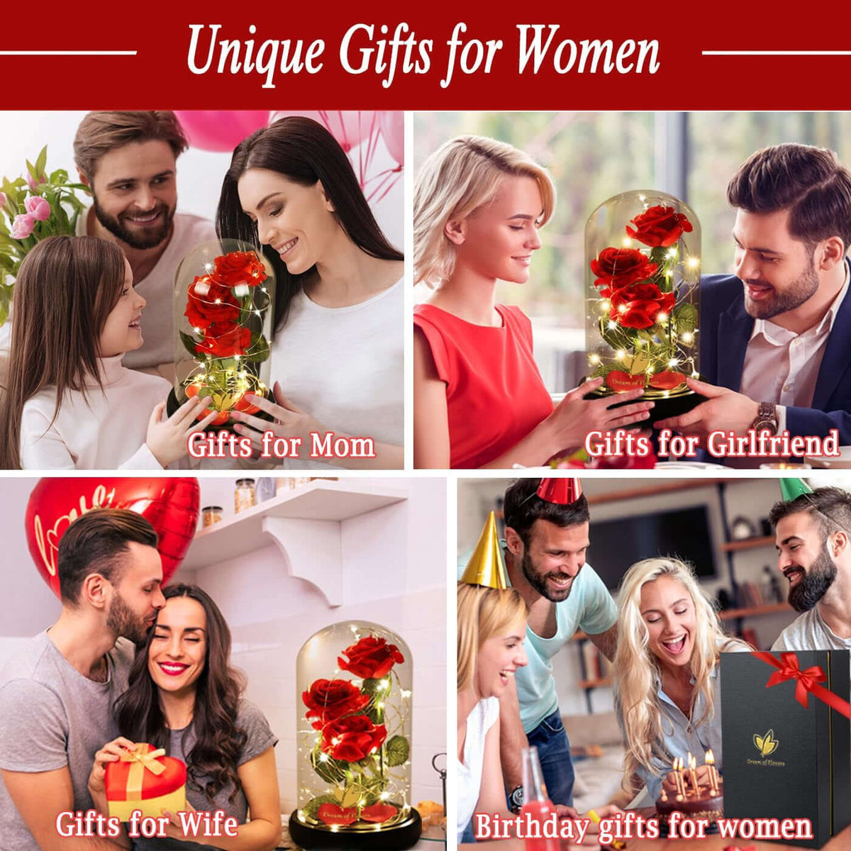 Gifts for Mom Mothers Day Birthday Gifts for Women,Beauty and the Beast Rose in Glass Dome,Anniversary Rose Gifts for Wife,Romantic Red Silk Rose Flower Gifts for Women