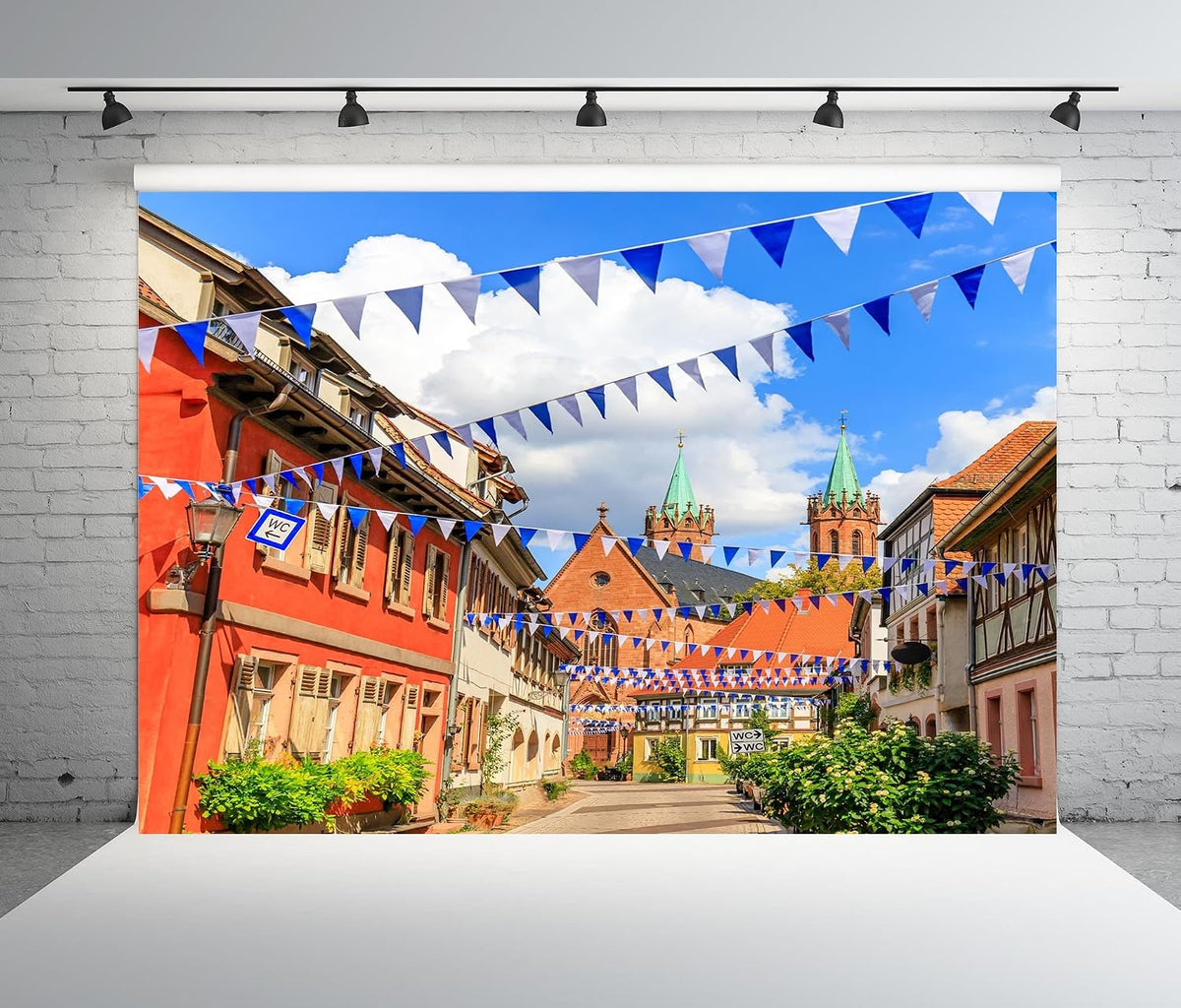 7X5Ft Fabric Oktoberfest Backdrop Germany Bavaria Town Street with Bavarian Flags Beer Festival Backdrop Rothenburg Ob Der Tauber Background Munich Carnival Party Decorations Photo Studio Props