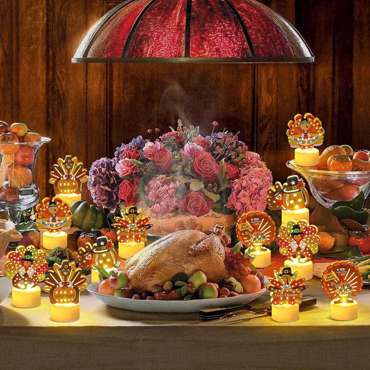 12 PCS Turkey Tea Lights Candles Thanksgiving Flameless Tealight Candles | Battery Operated LED Flameless Candles, Thanksgiving Table Decorations Centerpieces for Home Kitchen Indoor Party Fall Decor